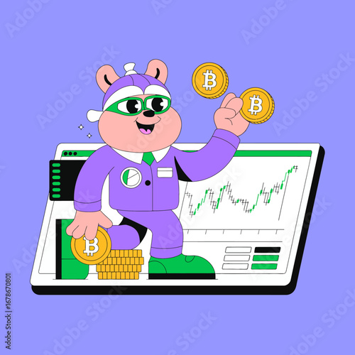 Cartoon bear with Bitcoin coins and stock market chart on a computer screen.