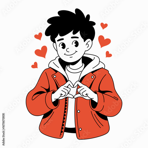 A boy in a red jacket making a heart shape with his hands, surrounded by hearts.