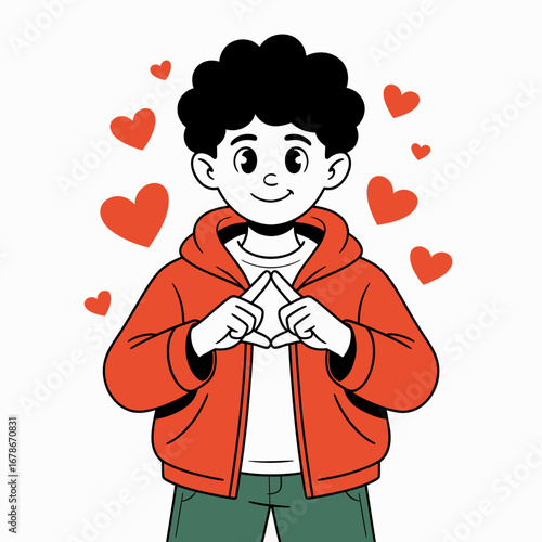 A boy with a warm orange jacket, making a heart shape with his hands, surrounded by hearts.