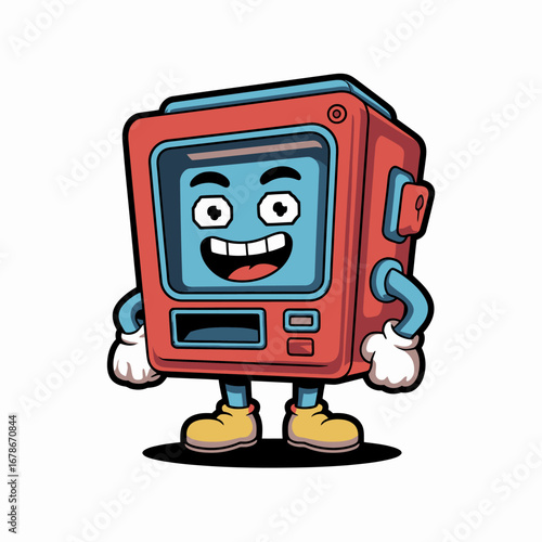 A cheerful cartoon vending machine character with a smiling face, arms, and legs, depicted in a vibrant, retro illustration style.