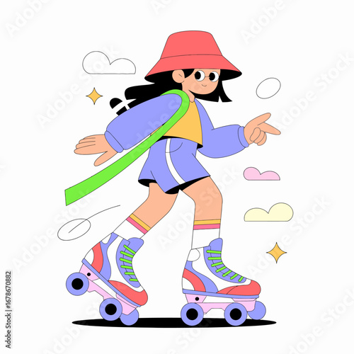 A young person wearing a bucket hat and roller skates, with a green scarf, enjoys a sunny day.