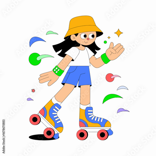 A cheerful cartoon character wearing a yellow bucket hat and roller skates, enjoying a fun activity with colorful abstract shapes.