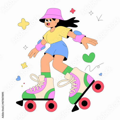 A cheerful cartoon girl roller skating with protective gear and a pink bucket hat, surrounded by playful decorative elements.