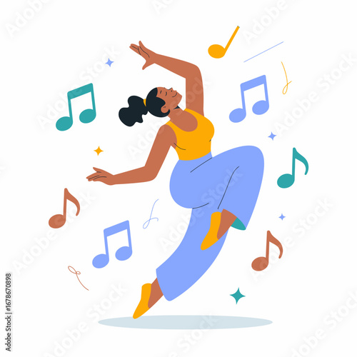 A woman dancing joyfully with musical notes around her, a vibrant illustration.