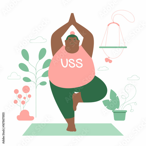 A person in a tree pose, practicing yoga on a mat, with plants in the background.