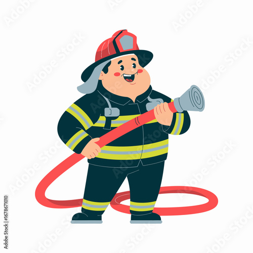 Smiling cartoon firefighter holding a fire hose.