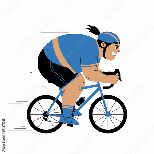 An overweight cyclist in a blue helmet and cycling attire strains to pedal a road bicycle.