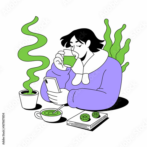 An illustration of a person enjoying a green drink while looking at their phone, surrounded by plants and matcha-themed items.