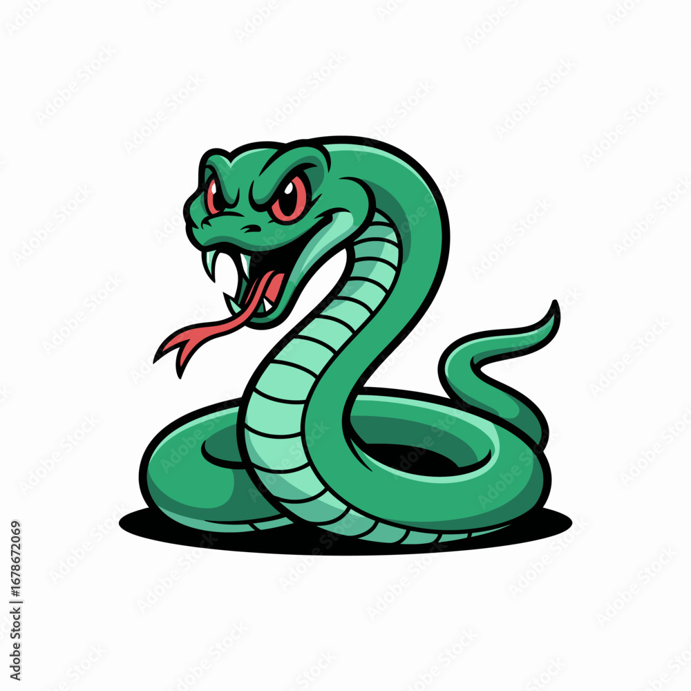 Naklejka premium A cartoon illustration of a green snake with red eyes and a forked tongue, coiled and ready to strike.