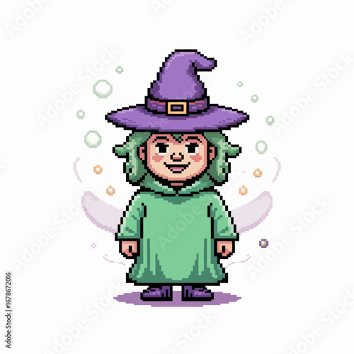 Pixel art illustration of a cute witch character wearing a purple hat and green dress.