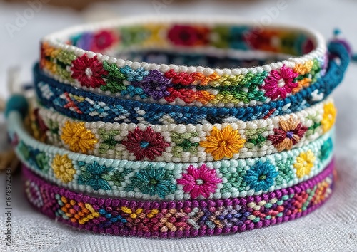 Colorful embroidered friendship bracelets layered