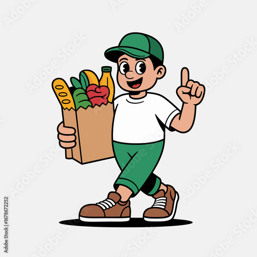 A cartoon illustration of a delivery boy carrying a grocery bag, pointing upwards with a smile.