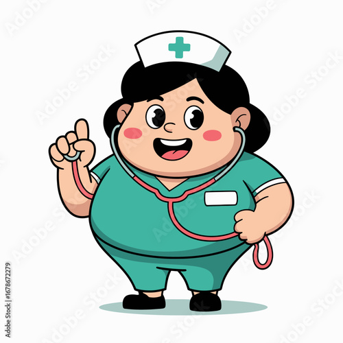 Cartoon illustration of a friendly nurse with stethoscope, wearing a uniform.