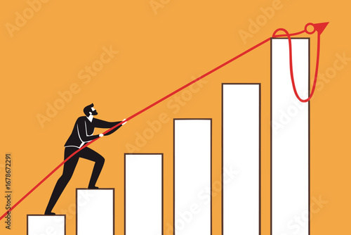 Businessman pushing a financial graph with an upward arrow to illustrate market growth and career success