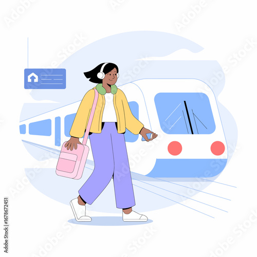 A young woman with headphones and a shoulder bag walks past a modern train at a station platform.
