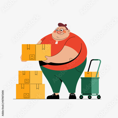 A happy cartoon man carrying boxes and using a handcart.