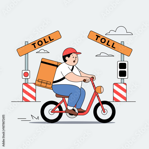 A delivery person on a motorcycle passing through a toll gate with a food package.