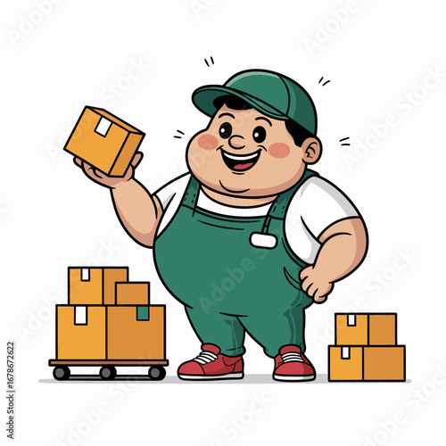 A cheerful, overweight delivery person in a green cap and overalls holds a package, with stacks of boxes nearby.