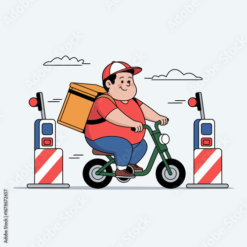 Cartoon illustration of a food delivery man riding a scooter with a box.