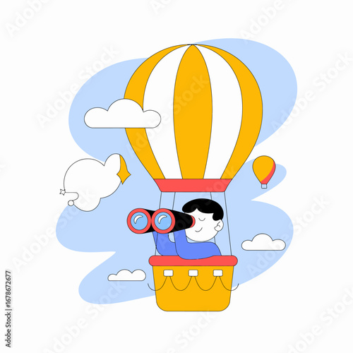 A man in a hot air balloon uses binoculars to explore the landscape below.