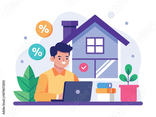 Man compares home mortgage options online using laptop and house symbolization