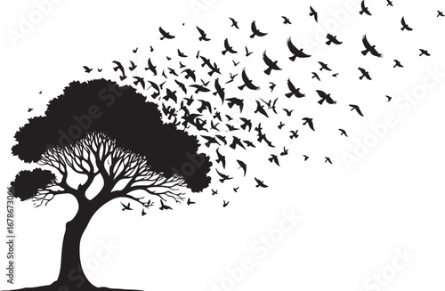 Black silhouette of a tree with branches transforming into flock of birds flying away vector