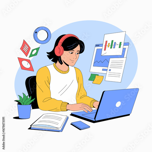 A young woman wearing headphones working on a laptop with data charts and documents in a modern office or study setting.