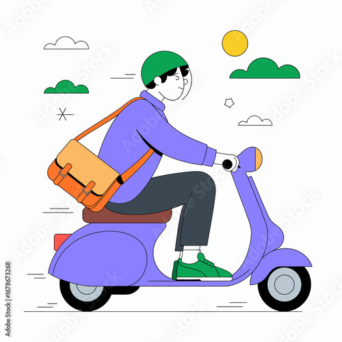A person rides a purple scooter with a bag on their shoulder on a sunny day.