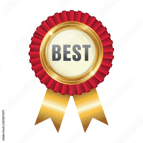 Vector illustration of a a red and gold rosette award with the word best in the center and golden ribbons, signifying achievement and top quality