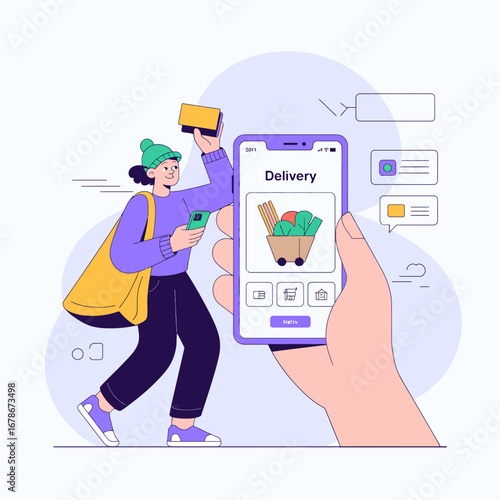 Illustration of a woman receiving a delivery notification on her mobile phone.