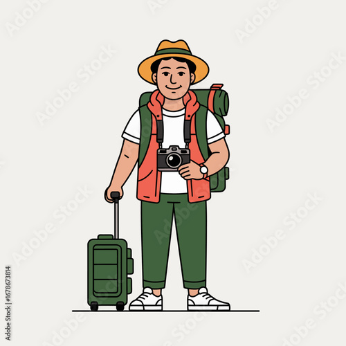 Cartoon illustration of a traveler with a suitcase, backpack, and camera.