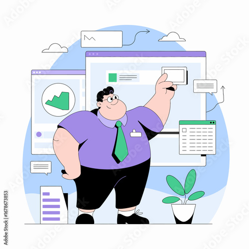 A cheerful, plump businessman in a purple shirt and green tie holds up a tablet in front of a digital interface.