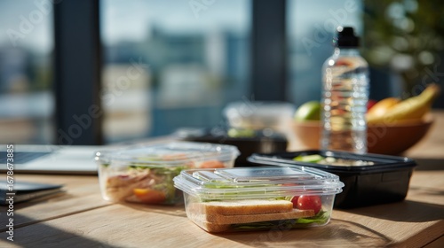 Prepared lunch containers on a table with city view