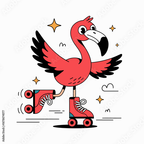 A cute flamingo character is roller skating, with wings outstretched, in a retro style graphic design.