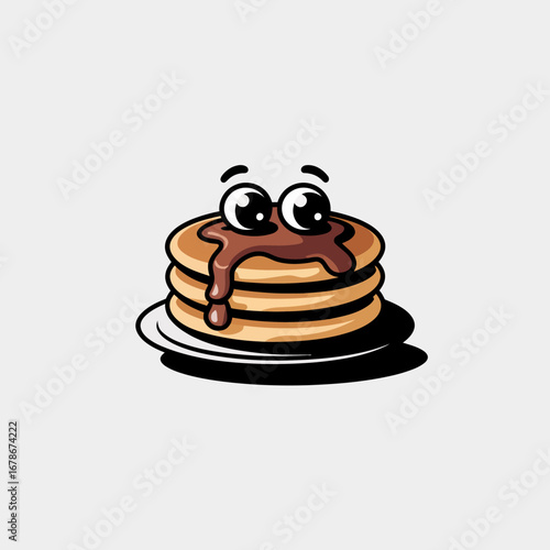 Cute cartoon pancakes with big eyes and dripping chocolate syrup on a plate, a delightful breakfast illustration.