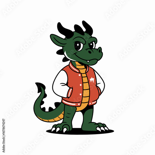 A friendly green dragon mascot character standing confidently in a red and white letterman jacket.