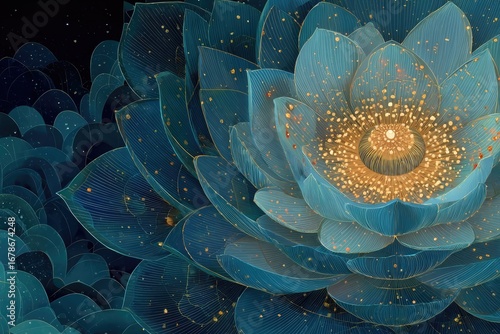Detailed close-up of a stylized blue lotus flower with gold accents