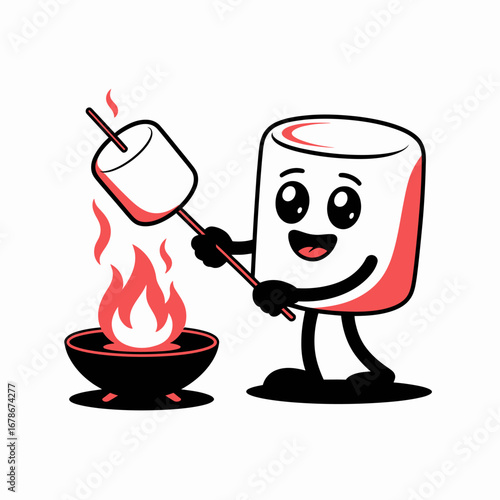A cute cartoon marshmallow character happily roasting a marshmallow over a campfire.
