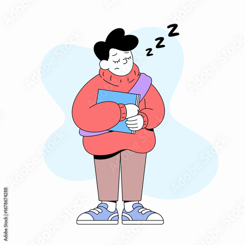 Cartoon illustration of a tired student standing and sleeping while holding a book, depicting exhaustion.