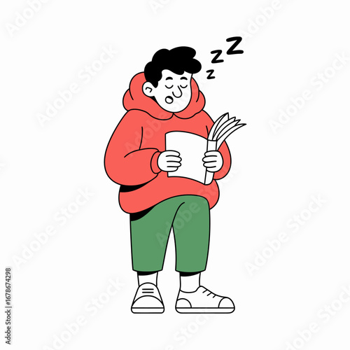 Cartoon illustration of a man sleeping while reading a newspaper.