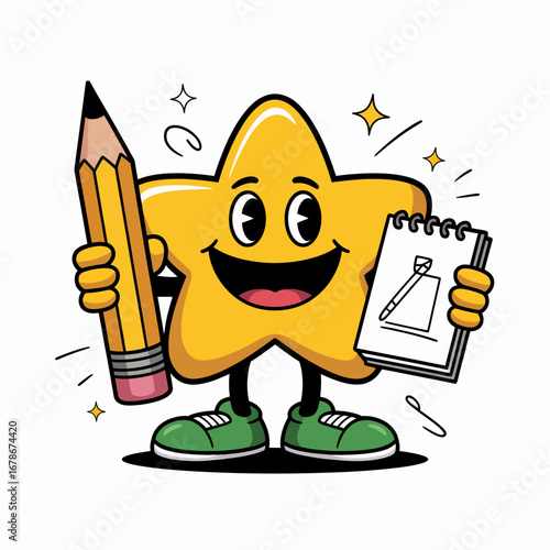 A cheerful yellow star cartoon character holding a giant pencil and a notepad with a pencil drawing, representing creativity and learning.