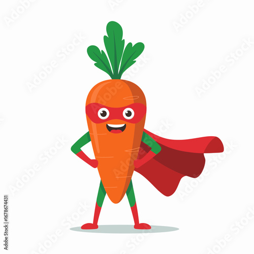 A happy cartoon carrot dressed as a superhero.