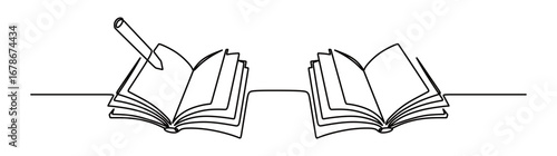 Continuous line art of an open book and a pencil on top of it. This icon is for a sticker or banner in a school, campus, library, or stationery store. Vector illustration.