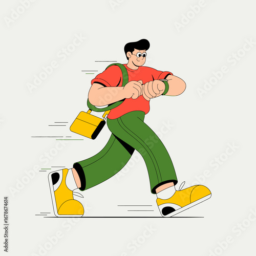 A young man in a red t-shirt and green pants is rushing while looking at his watch, carrying a yellow messenger bag.