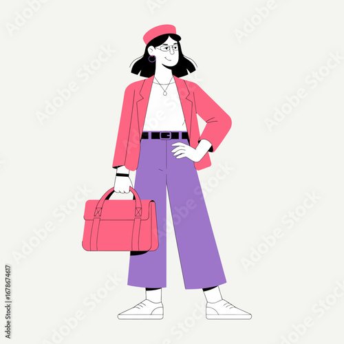 Stylish young woman in a pink jacket, purple pants, and beret holding a matching pink bag, depicted in a modern flat illustration style.