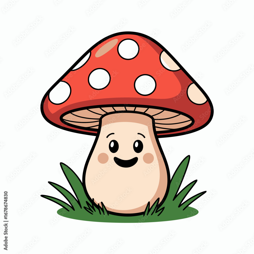 A cute and happy cartoon mushroom with a red and white polka dot cap smiling while sitting in green grass. A cute and happy cartoon mushroom with a red and white polka dot cap smiling while sitting in green grass.
