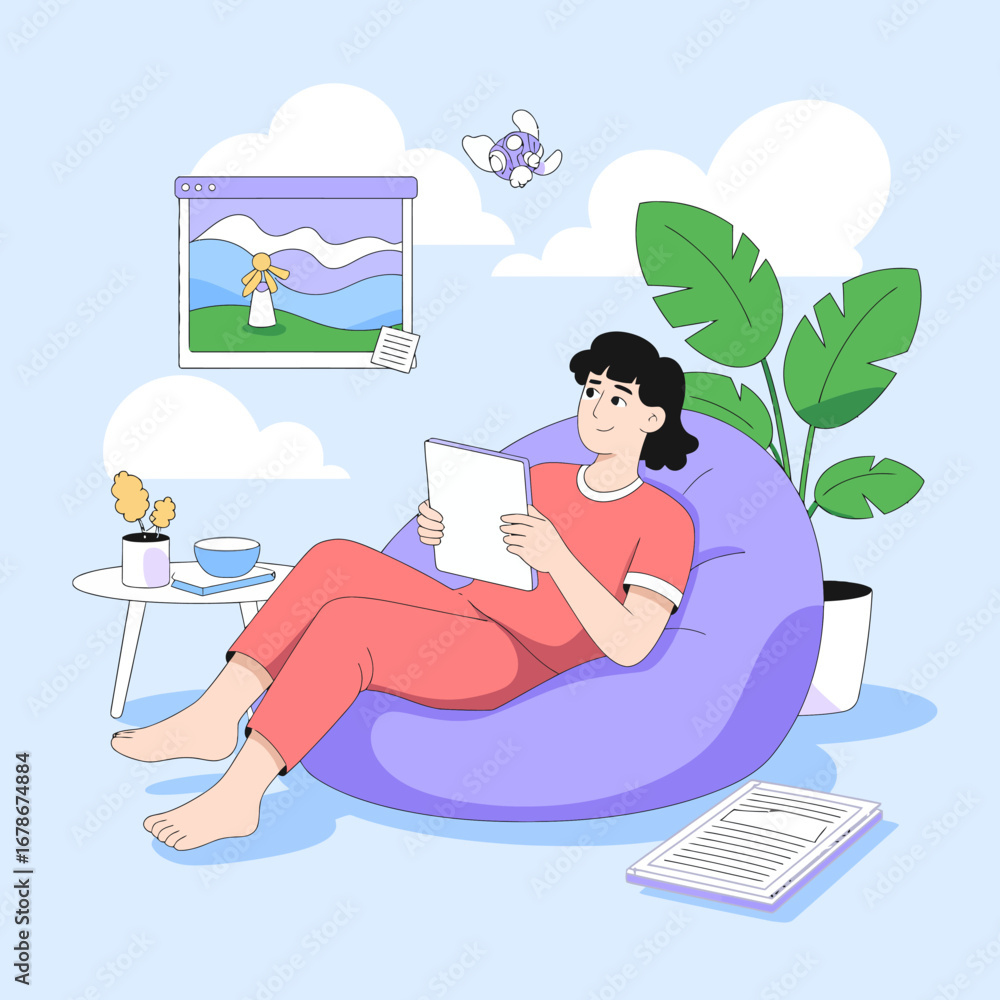 Obraz premium Woman relaxing in a beanbag chair reading a book in a cozy room.