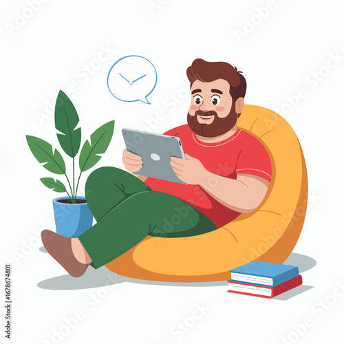 A happy man relaxing on a beanbag chair, using a tablet.