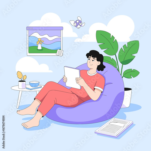 Woman relaxing in a beanbag chair reading a book in a cozy room.