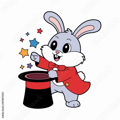 Cartoon rabbit magician pulling stars from a hat, isolated on white.